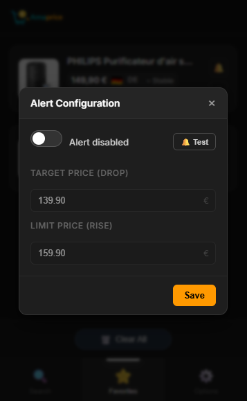 Configuration des alertes de prix